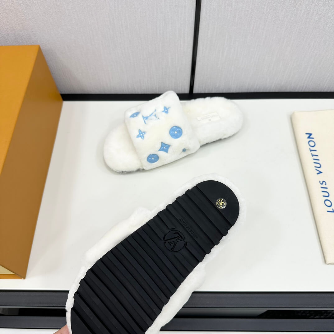 Louis Vuitton Pool Pillow Comfort Slippers - White Wool with Blue Monogram - Image 8