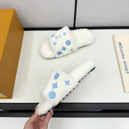 Louis Vuitton Pool Pillow Comfort Slippers - White Wool with Blue Monogram