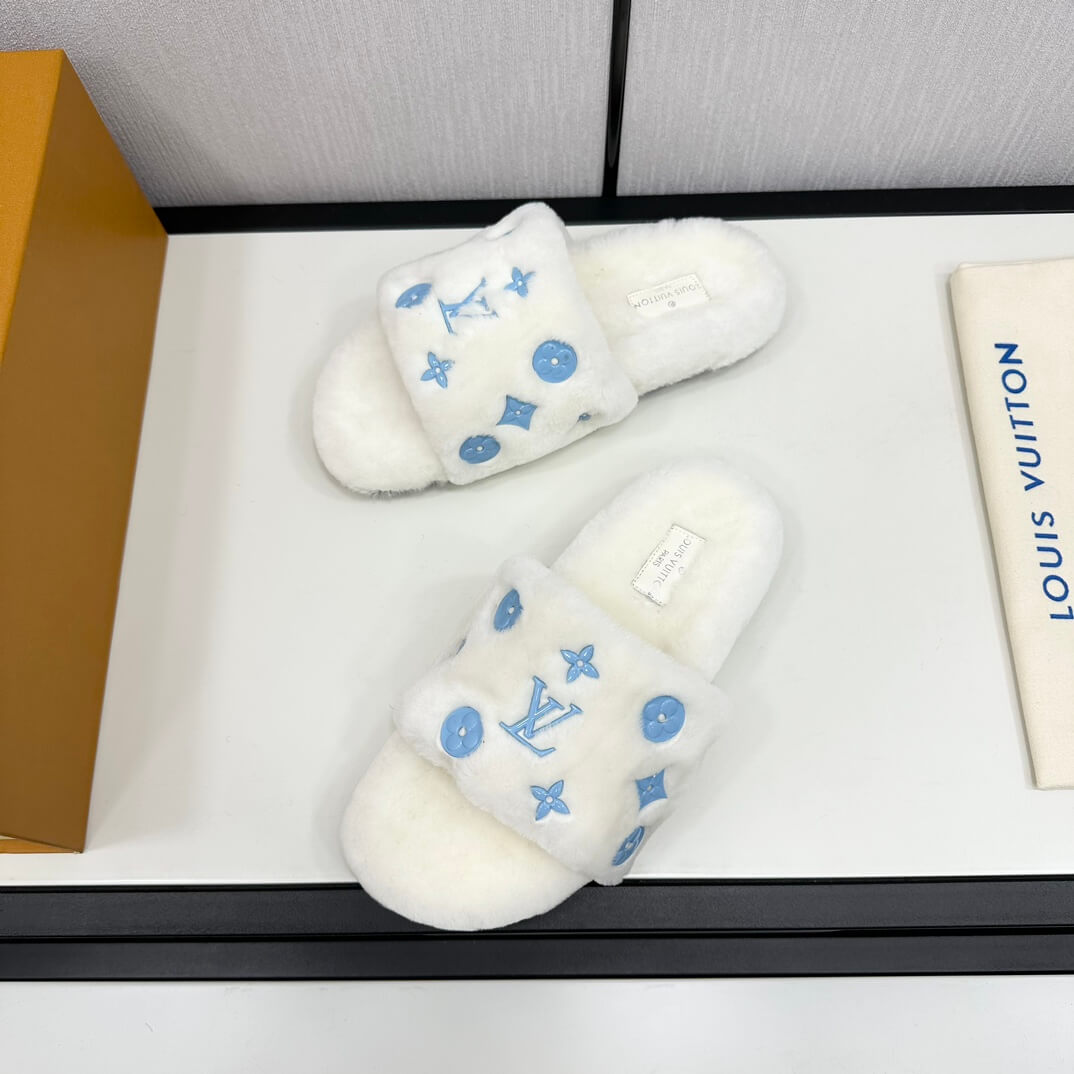 Louis Vuitton Pool Pillow Comfort Slippers - White Wool with Blue Monogram - Image 4