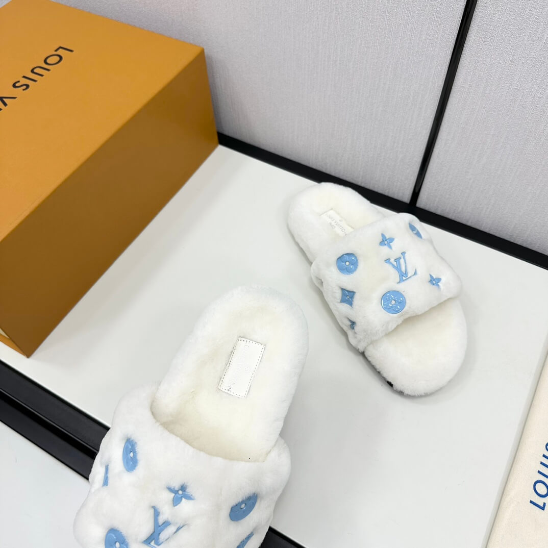 Louis Vuitton Pool Pillow Comfort Slippers - White Wool with Blue Monogram - Image 2