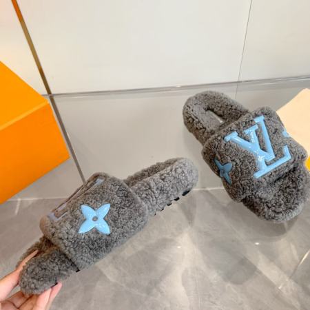 Louis Vuitton Pool Pillow Flat Mule in Grey with Blue LV Embellishments