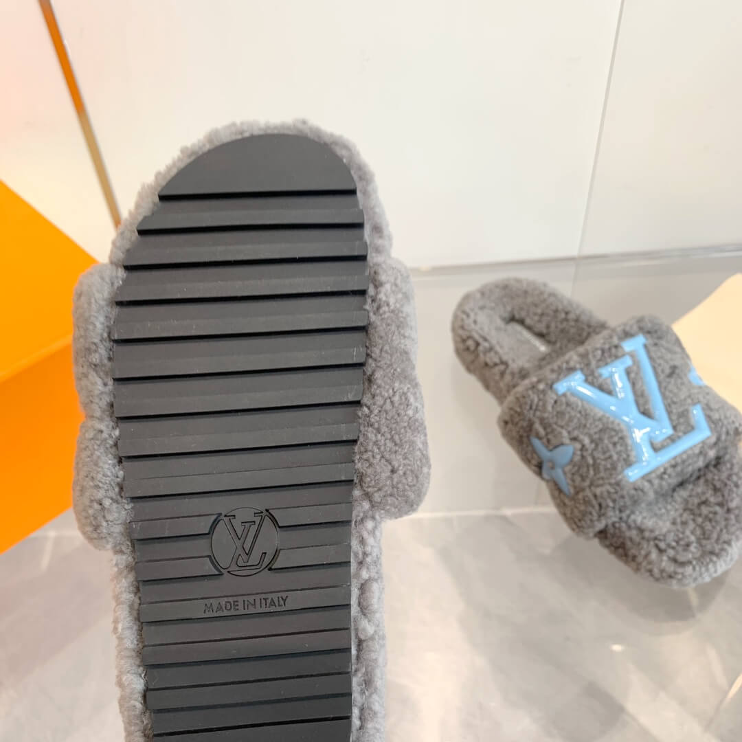 Louis Vuitton Pool Pillow Flat Mule in Grey with Blue LV Embellishments - Image 8