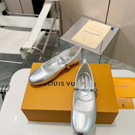Louis Vuitton Silver Metallic Leather Ballet Flats with LV Buckle