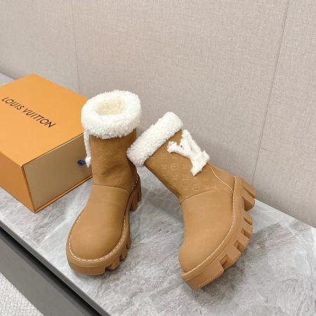 Louis Vuitton Snowdrop Flat Ankle Boots – Cognac Brown Suede & Shearling