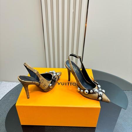 Louis Vuitton Tan Monogram Slingback Stilettos with Silver Stud Detail