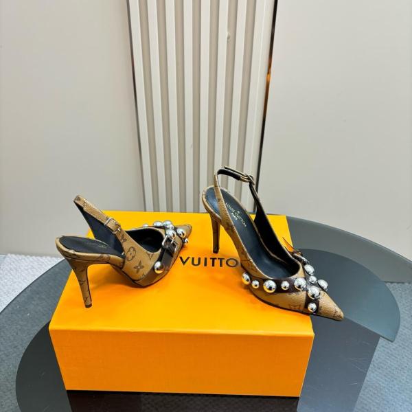 Louis Vuitton Tan Monogram Slingback Stilettos with Silver Stud Detail