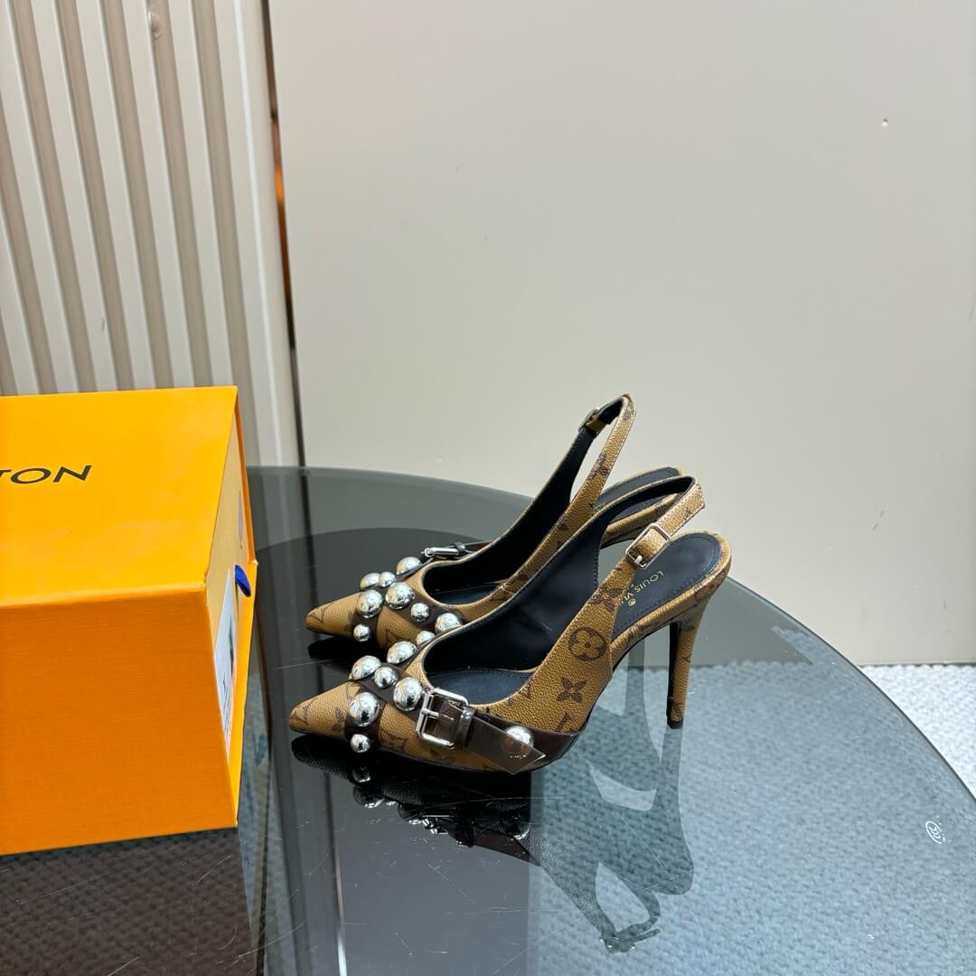 Louis Vuitton Tan Monogram Slingback Stilettos with Silver Stud Detail - Image 5