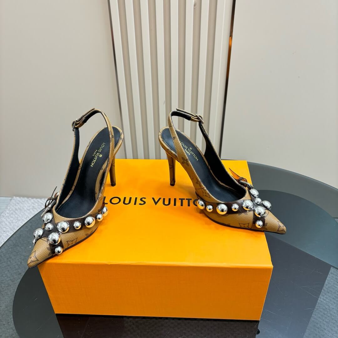 Louis Vuitton Tan Monogram Slingback Stilettos with Silver Stud Detail - Image 4