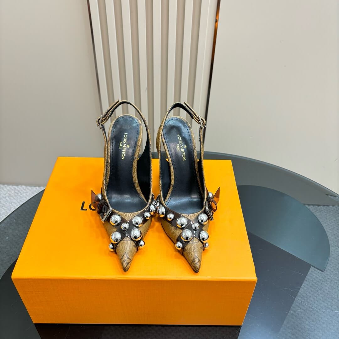 Louis Vuitton Tan Monogram Slingback Stilettos with Silver Stud Detail - Image 2