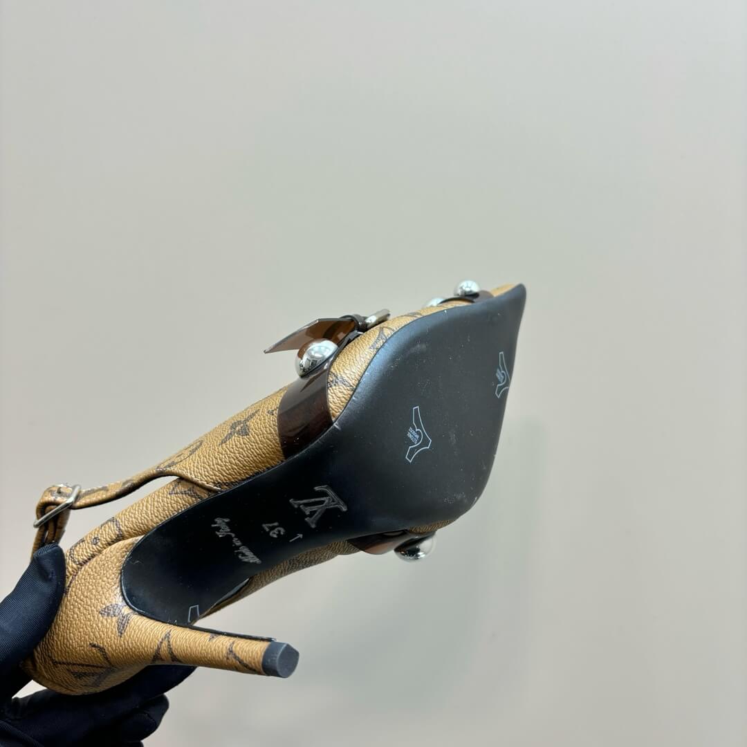 Louis Vuitton Tan Monogram Slingback Stilettos with Silver Stud Detail - Image 9