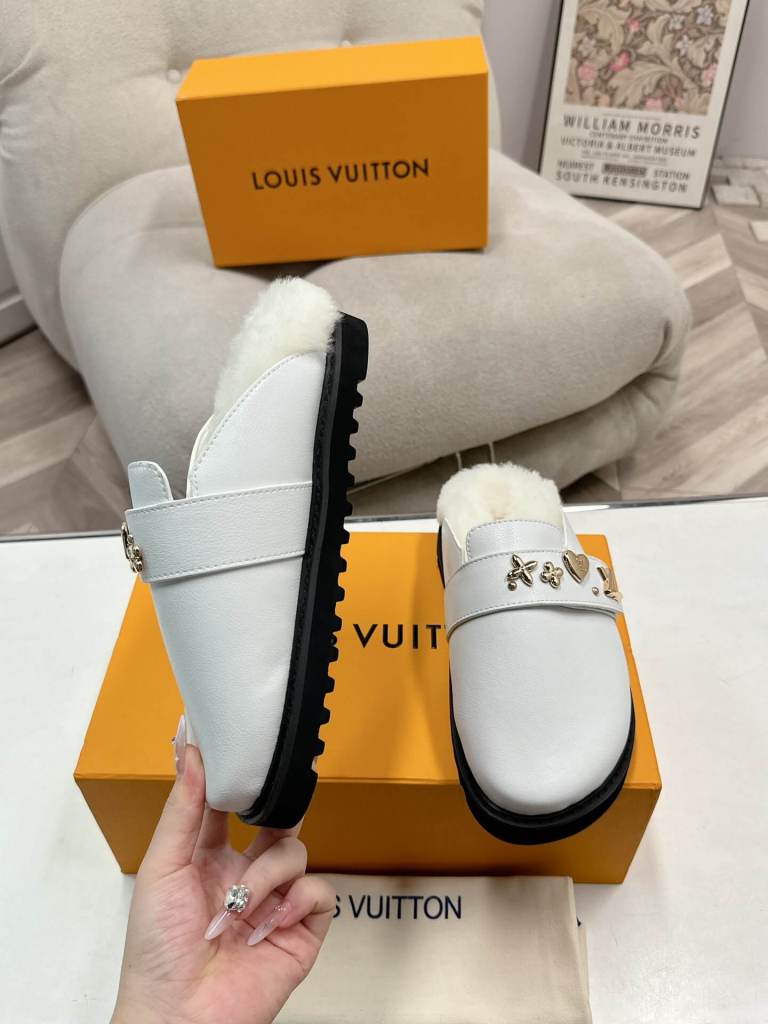 Louis Vuitton White Shearling Comfort Mules