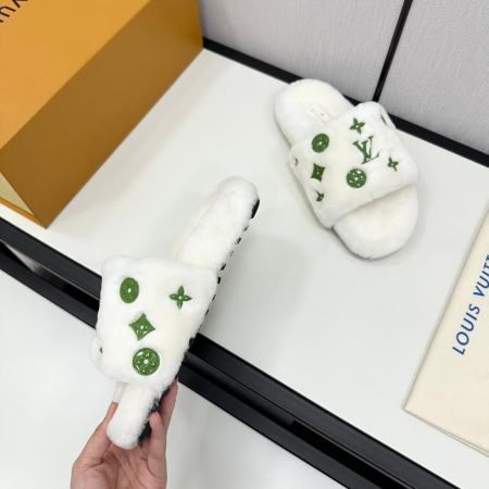 Louis Vuitton White & Green Monogram Fur Slippers