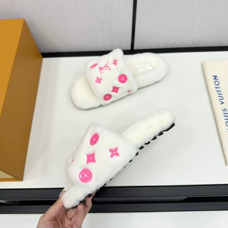 Louis Vuitton White & Pink Fur Monogram Slippers