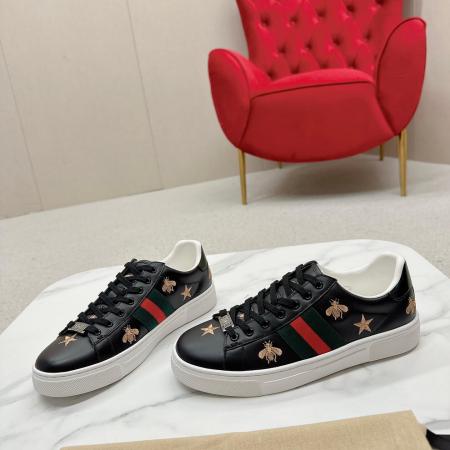 Gucci Ace Black Leather Sneaker with Bee and Star