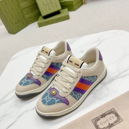 Gucci Screener Beige Leather and Blue GG Canvas Trainer