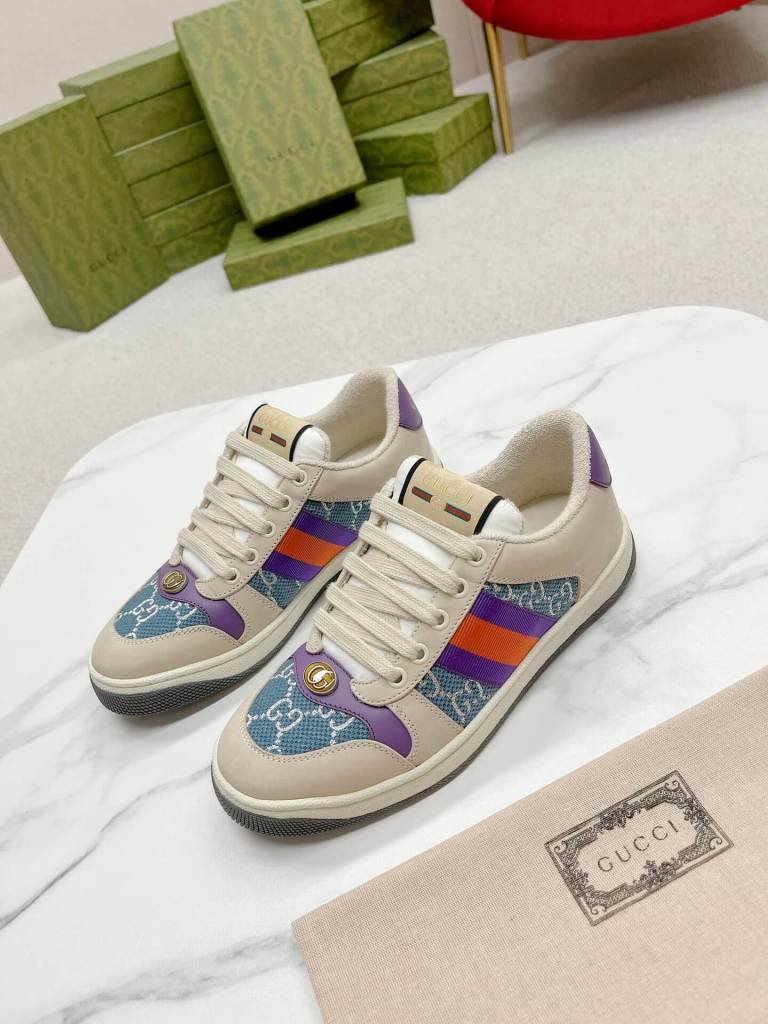 Gucci Screener Beige Leather and Blue GG Canvas Trainer