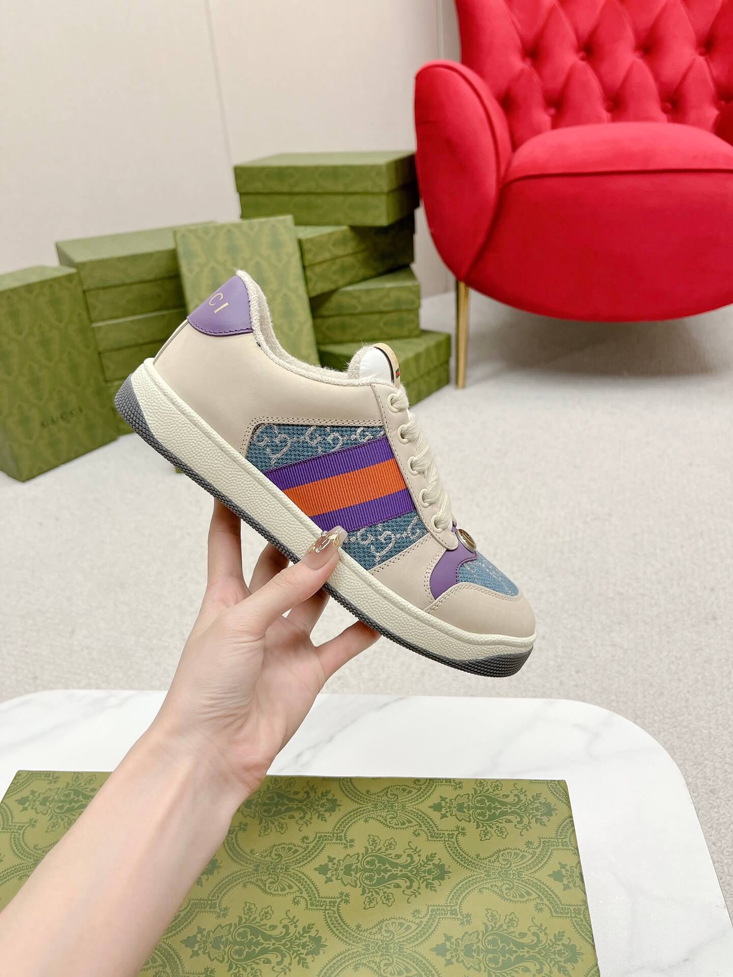 Gucci Screener Beige Leather and Blue GG Canvas Trainer - Image 6