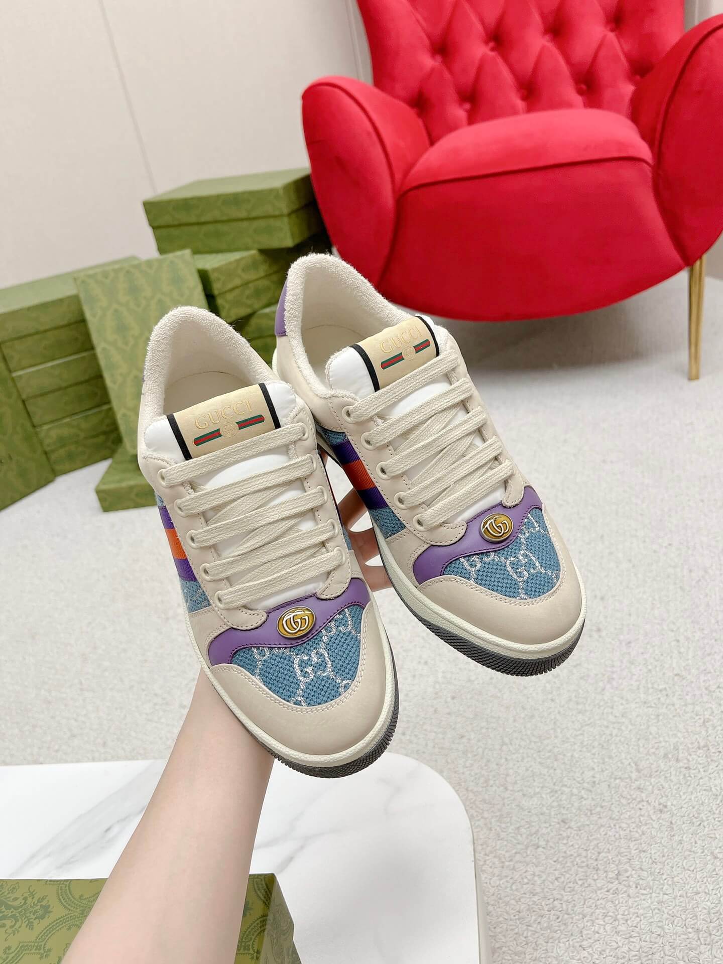 Gucci Screener Beige Leather and Blue GG Canvas Trainer - Image 9