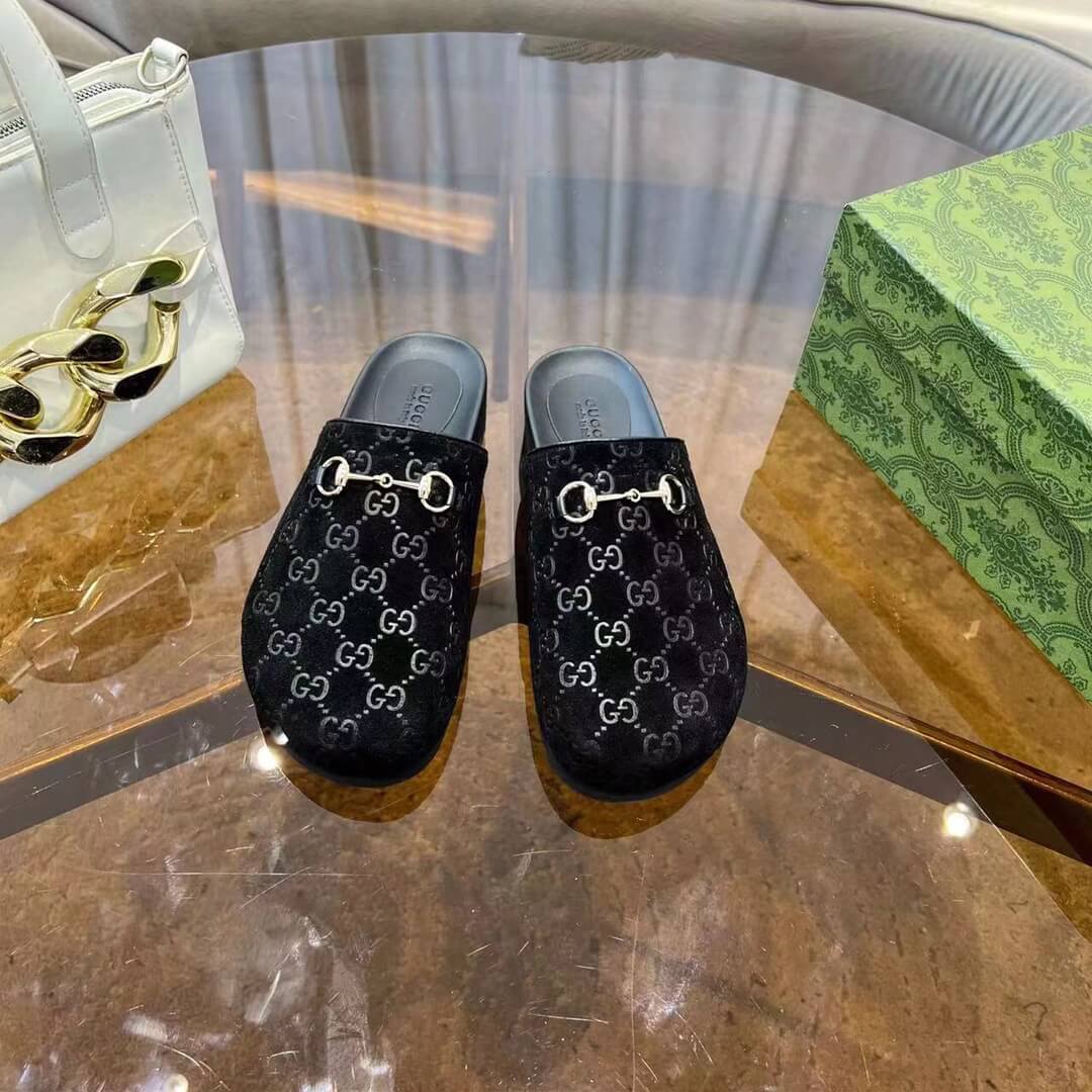 Gucci Women's Black GG Suede Horsebit Slipper
