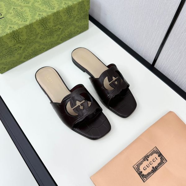 Gucci Women's Dark Brown Alligator Skin Cutout Interlocking G Slide Sandal