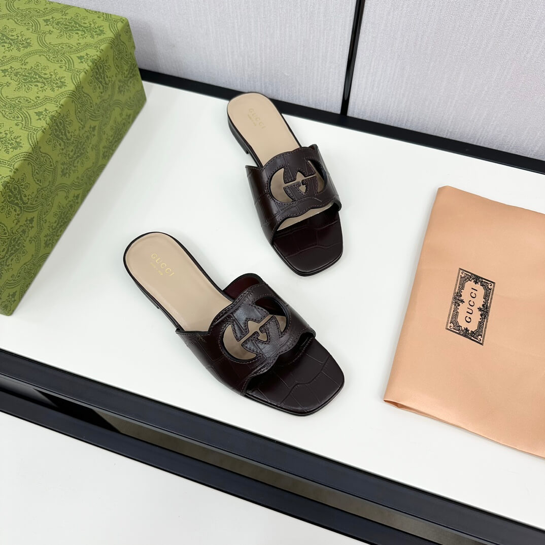 Gucci Women's Dark Brown Alligator Skin Cutout Interlocking G Slide Sandal - Image 2