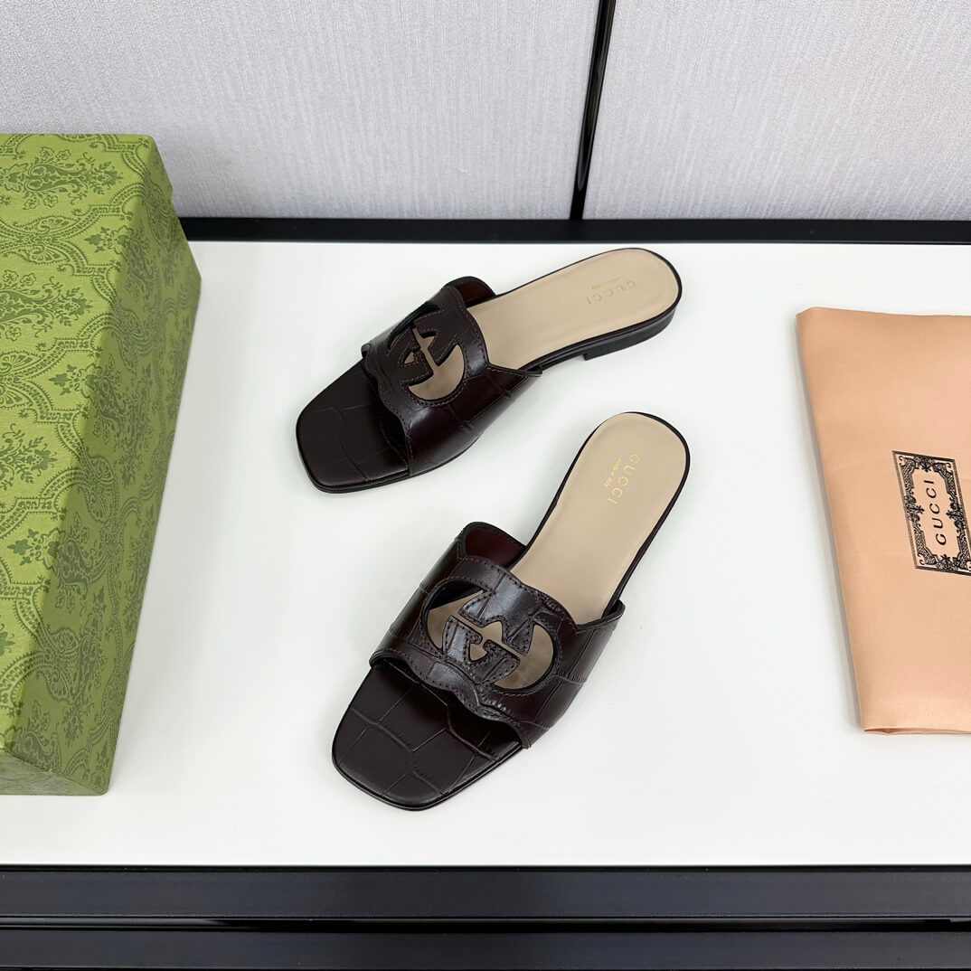 Gucci Women's Dark Brown Alligator Skin Cutout Interlocking G Slide Sandal - Image 7