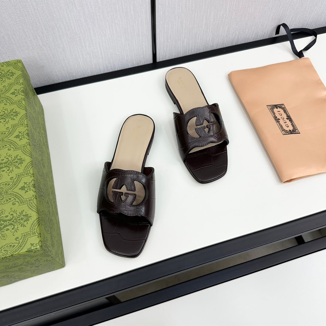 Gucci Women's Dark Brown Alligator Skin Cutout Interlocking G Slide Sandal - Image 4