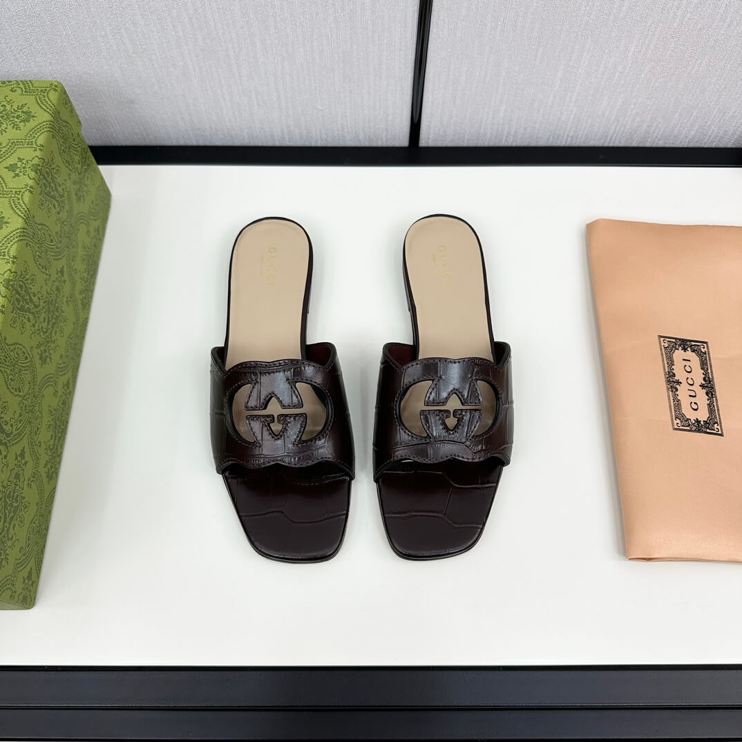Gucci Women's Dark Brown Alligator Skin Cutout Interlocking G Slide Sandal - Image 3