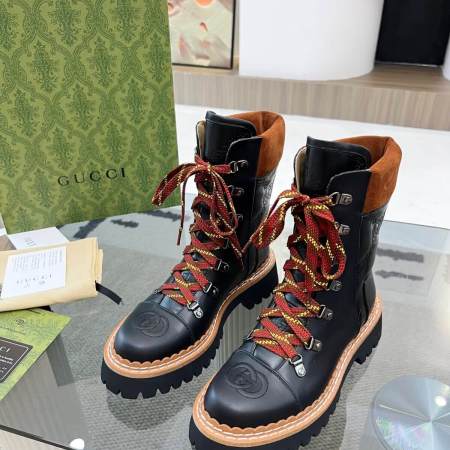 Gucci Women's Double G Multicolored Laces Black Leather Boot