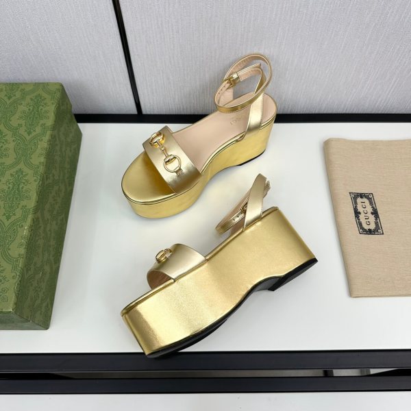 Gucci Women's Golden Leather Horsebit Platform Sandal