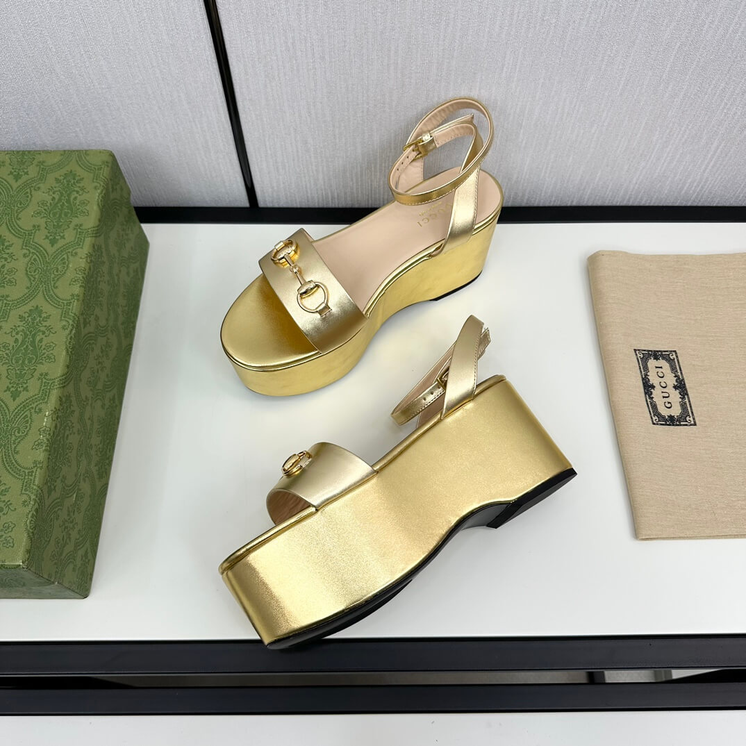 Gucci Women's Golden Leather Horsebit Platform Sandal