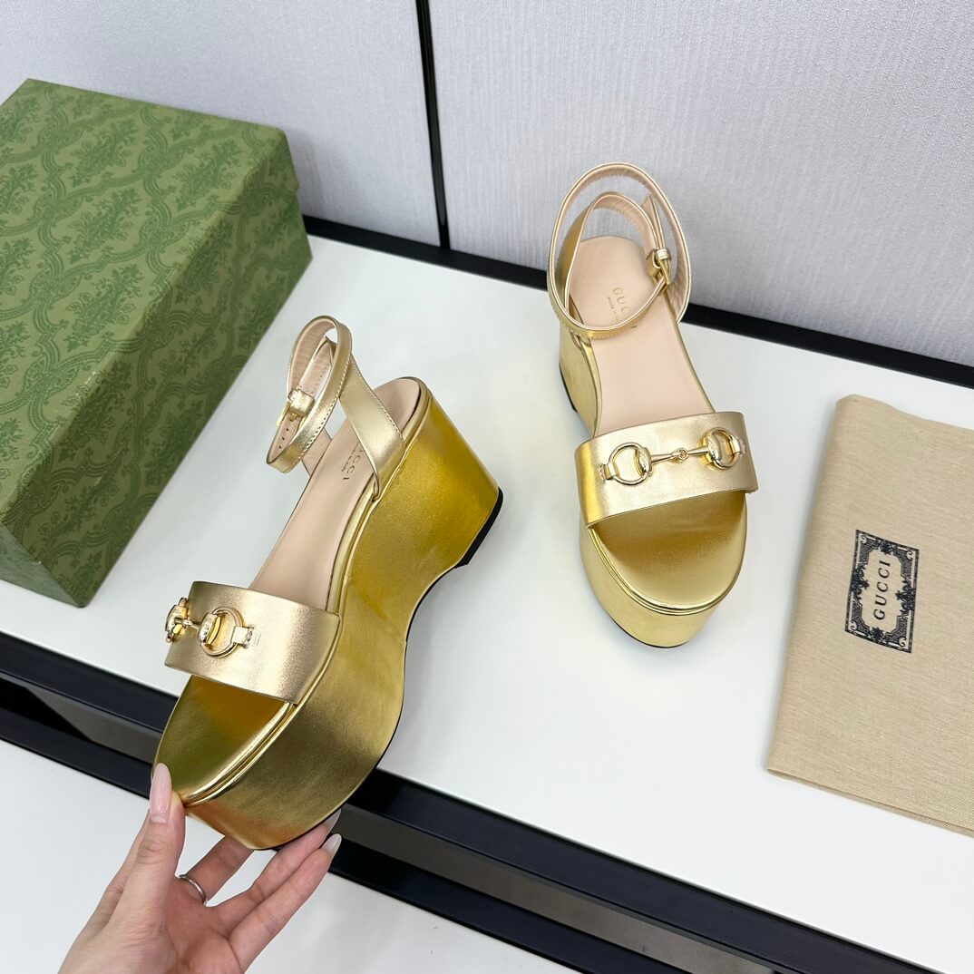 Gucci Women's Golden Leather Horsebit Platform Sandal - Image 2
