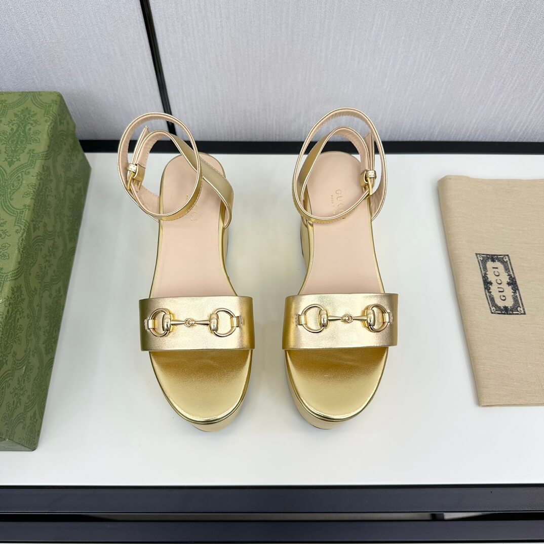 Gucci Women's Golden Leather Horsebit Platform Sandal - Image 5