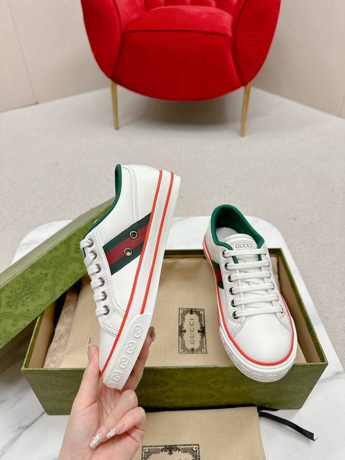 Gucci Tennis 1977 White Leather Sneaker with Web - Image 9