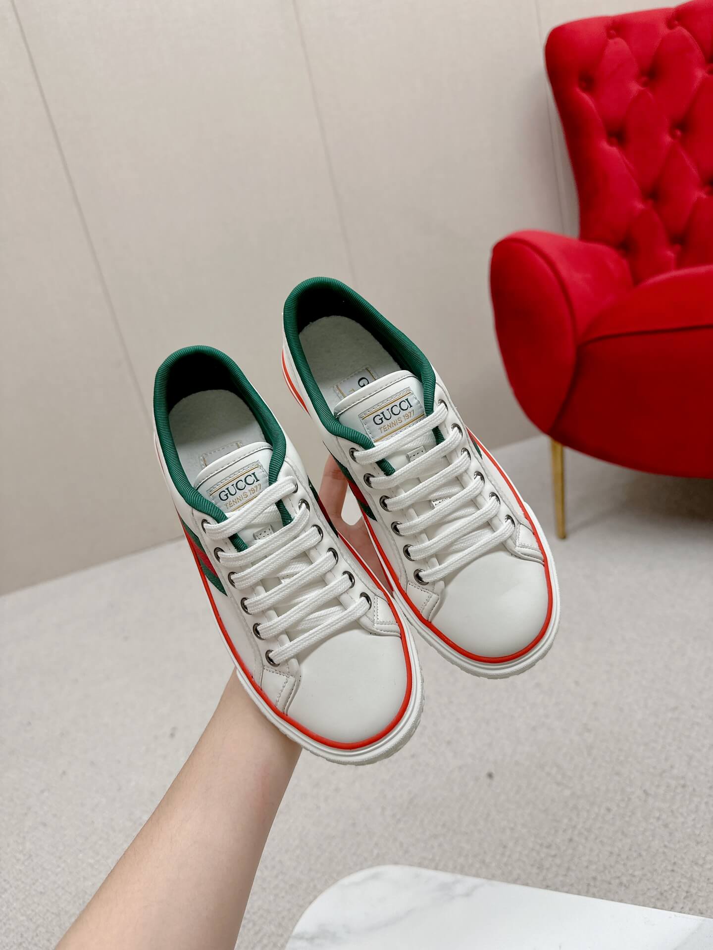 Gucci Tennis 1977 White Leather Sneaker with Web - Image 3