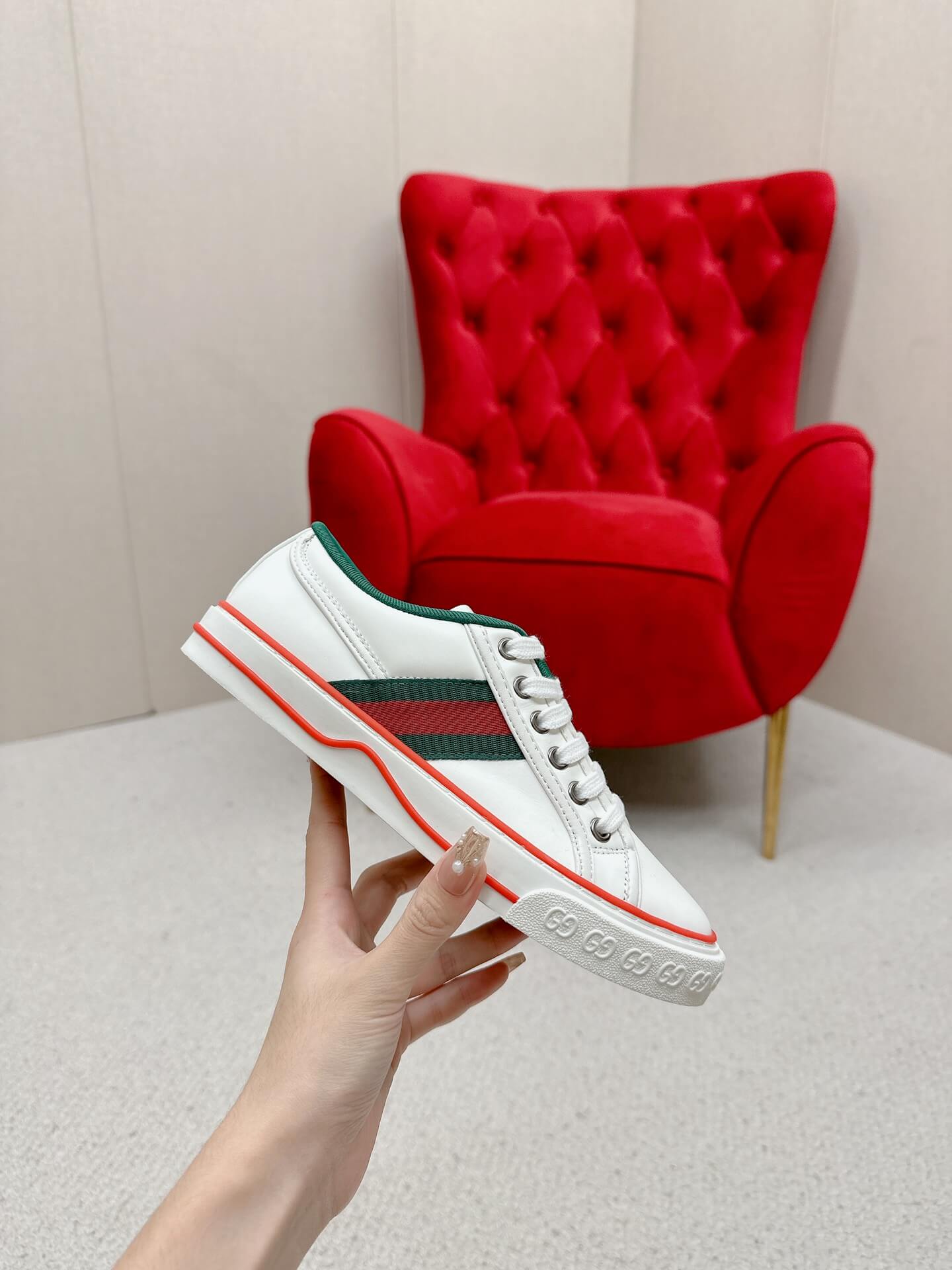 Gucci Tennis 1977 White Leather Sneaker with Web - Image 4
