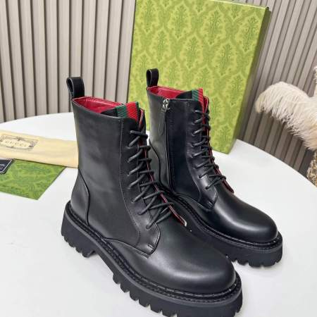 Gucci Women's Lug Sole Black Leather Lace-Up Web Boot