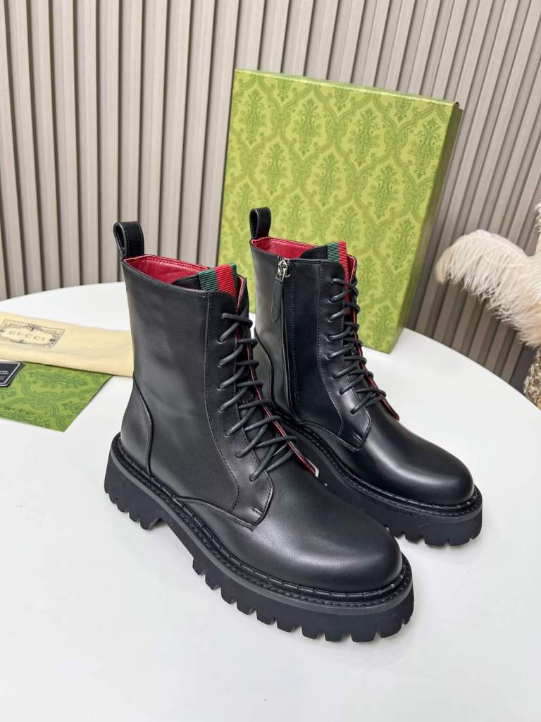 Gucci Women's Lug Sole Black Leather Lace-Up Web Boot