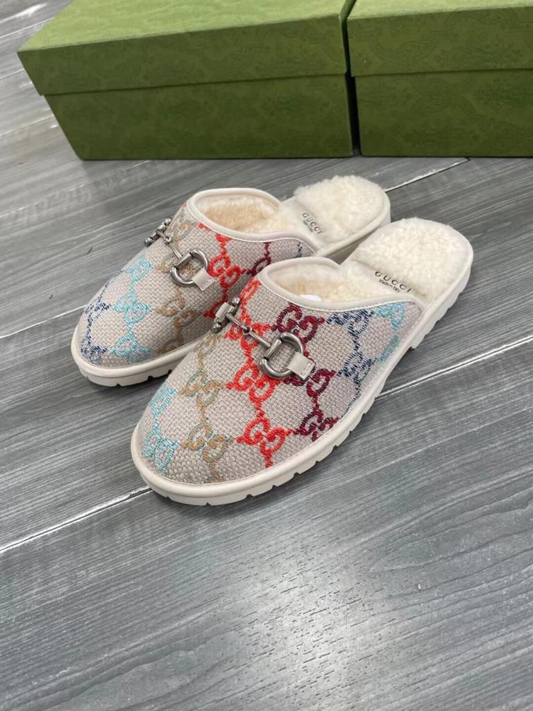 Gucci Wool-Lined Off-white Canvas Horsebit Mule