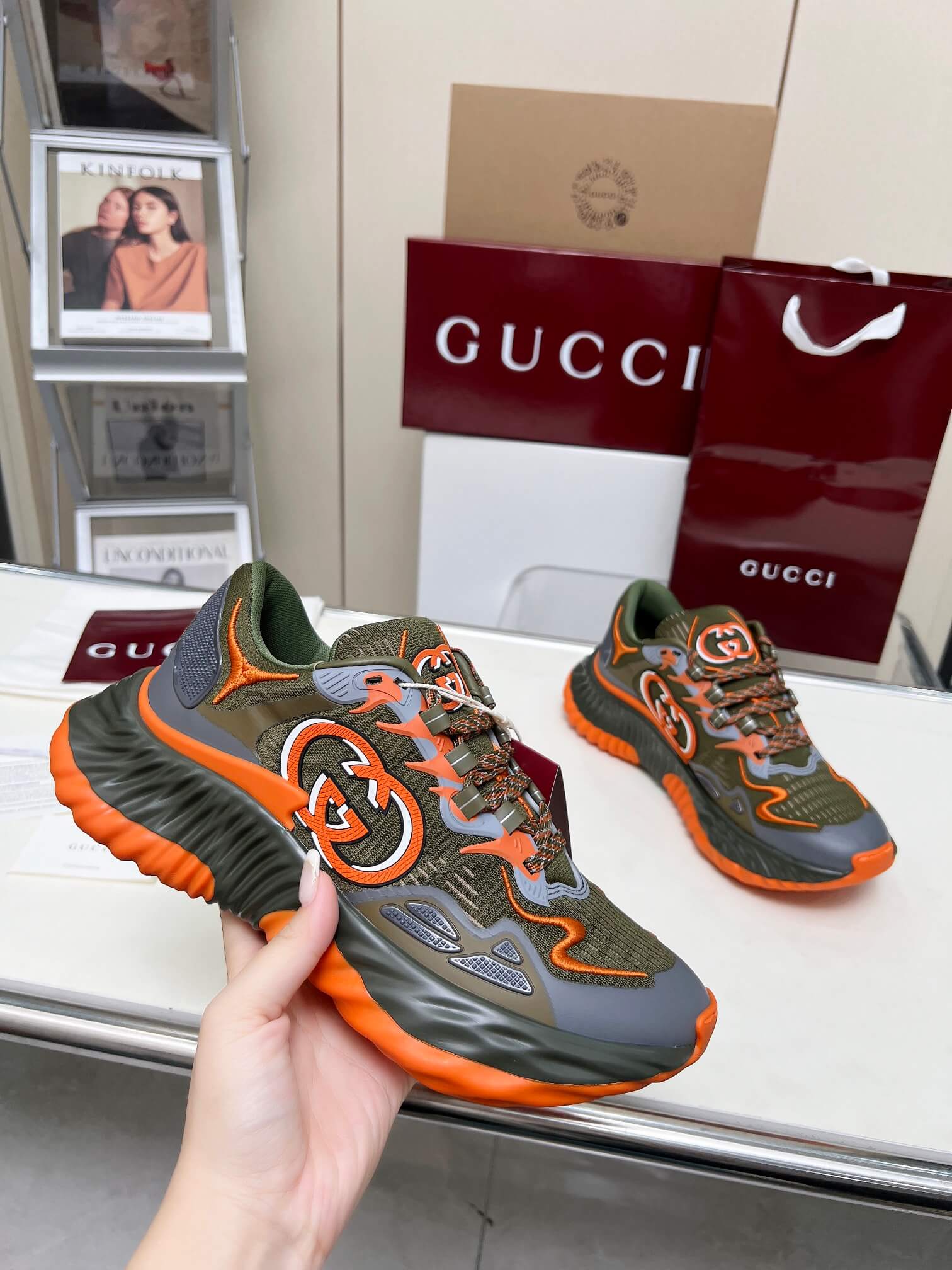 Gucci Olive Orange Ripple Trainer - Image 2