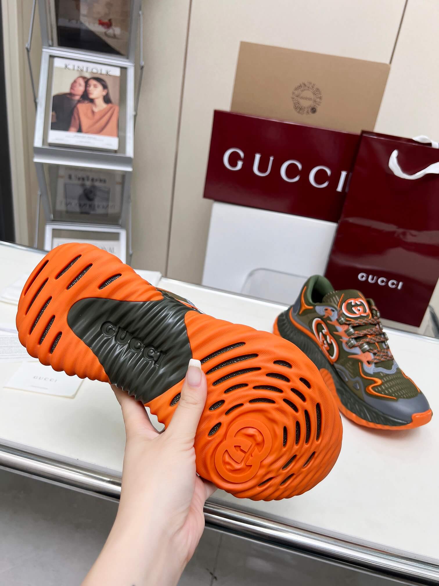 Gucci Olive Orange Ripple Trainer - Image 8