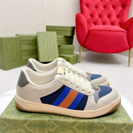 Gucci Screener Beige Leather and Blue Denim Trainer