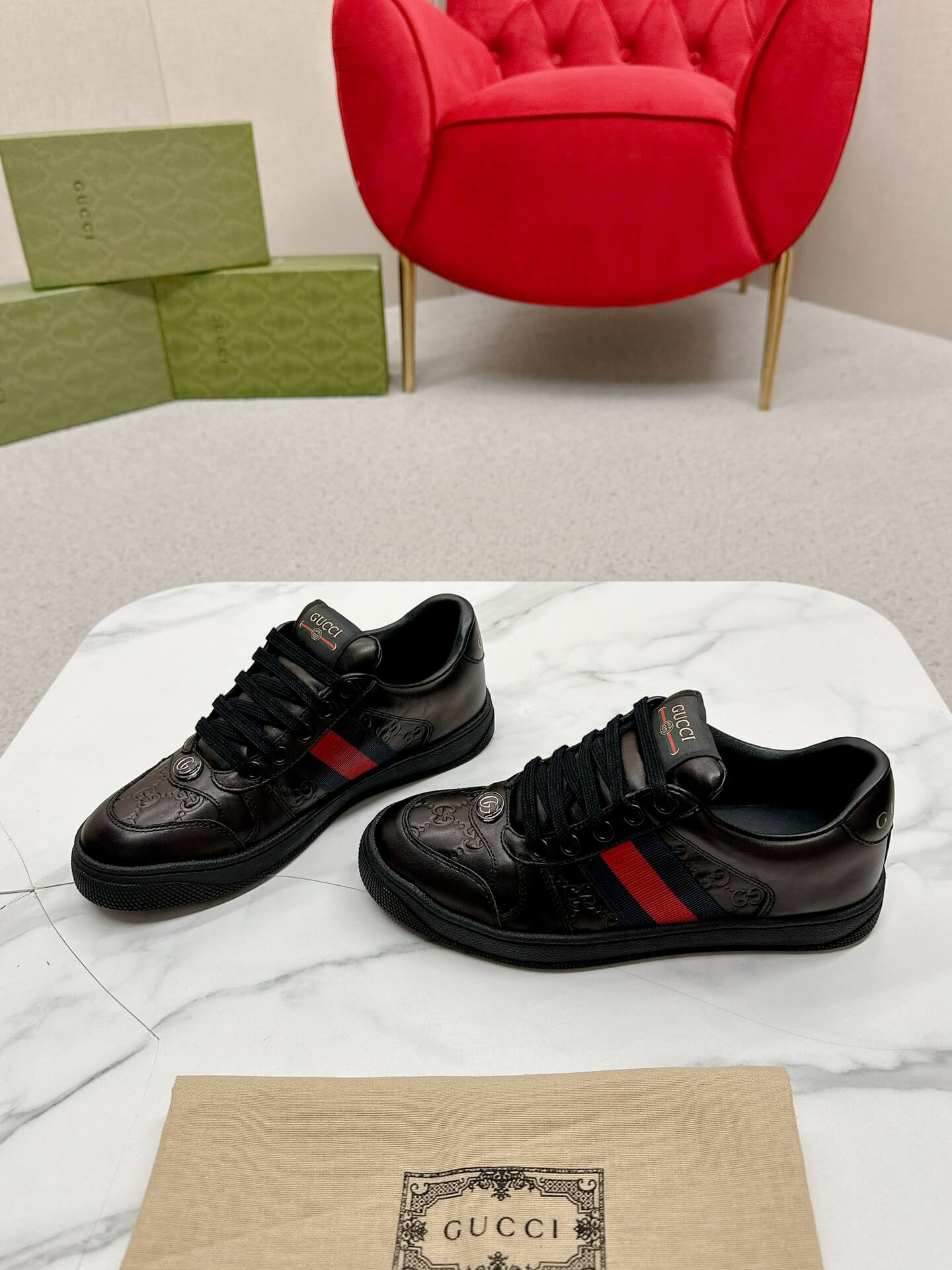 Gucci Screener Black GG Leather Trainer