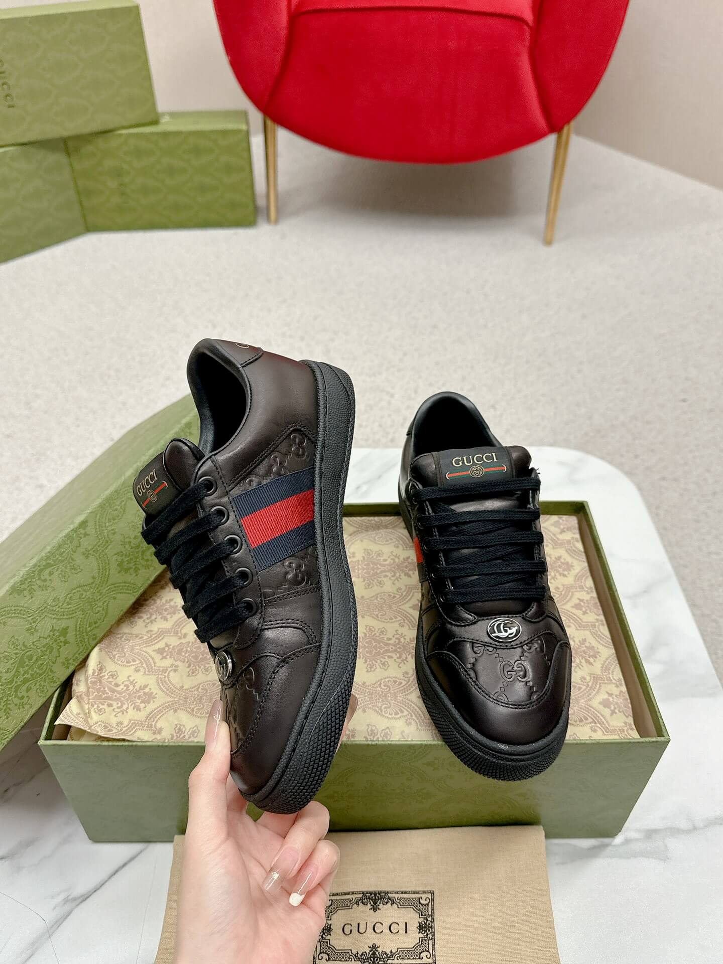 Gucci Screener Black GG Leather Trainer - Image 7