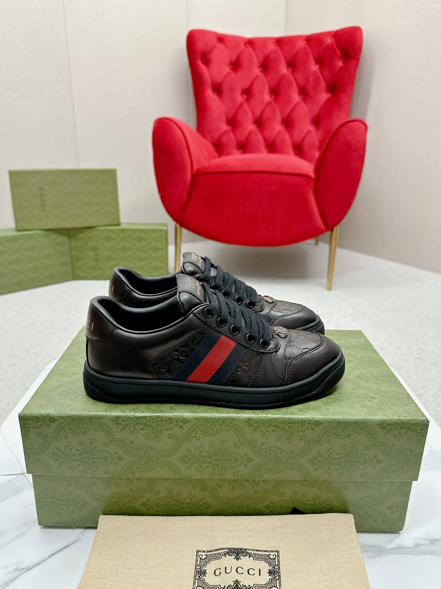 Gucci Screener Black GG Leather Trainer - Image 8