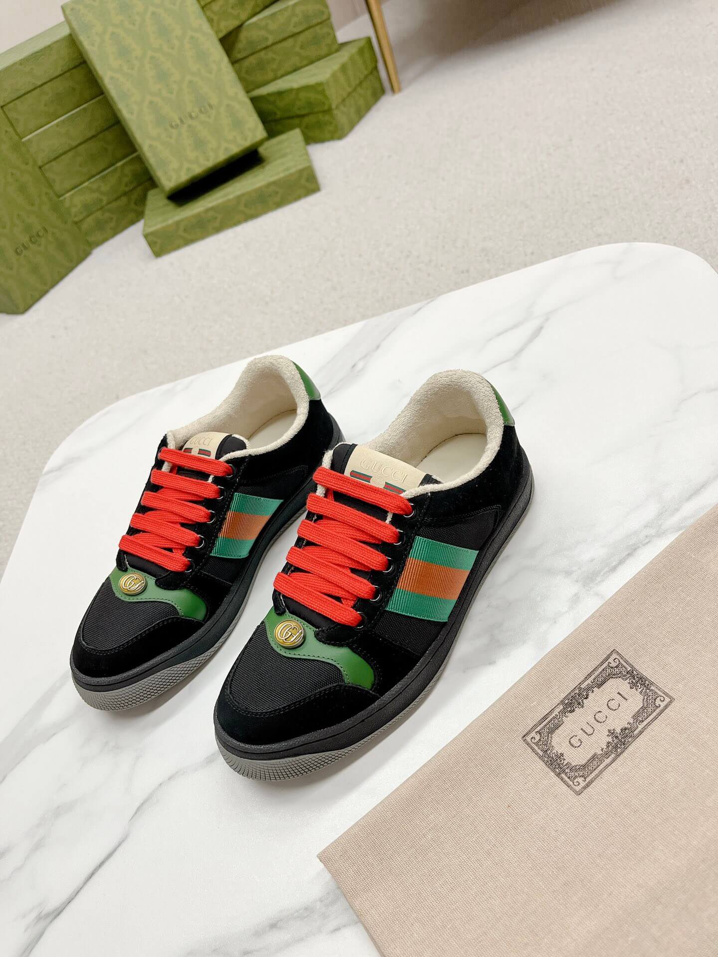 Gucci Screener Black and Green Suede Trainer