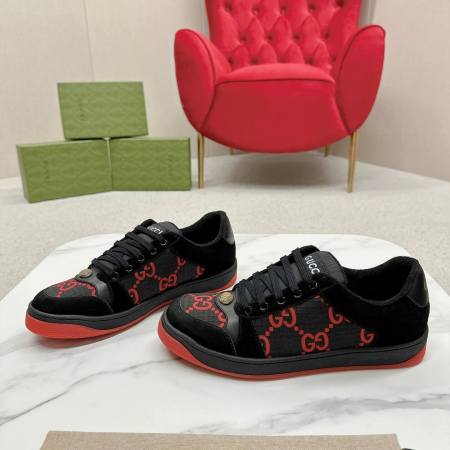 Gucci Screener Black Suede and Black and Red GG Canvas Trainer