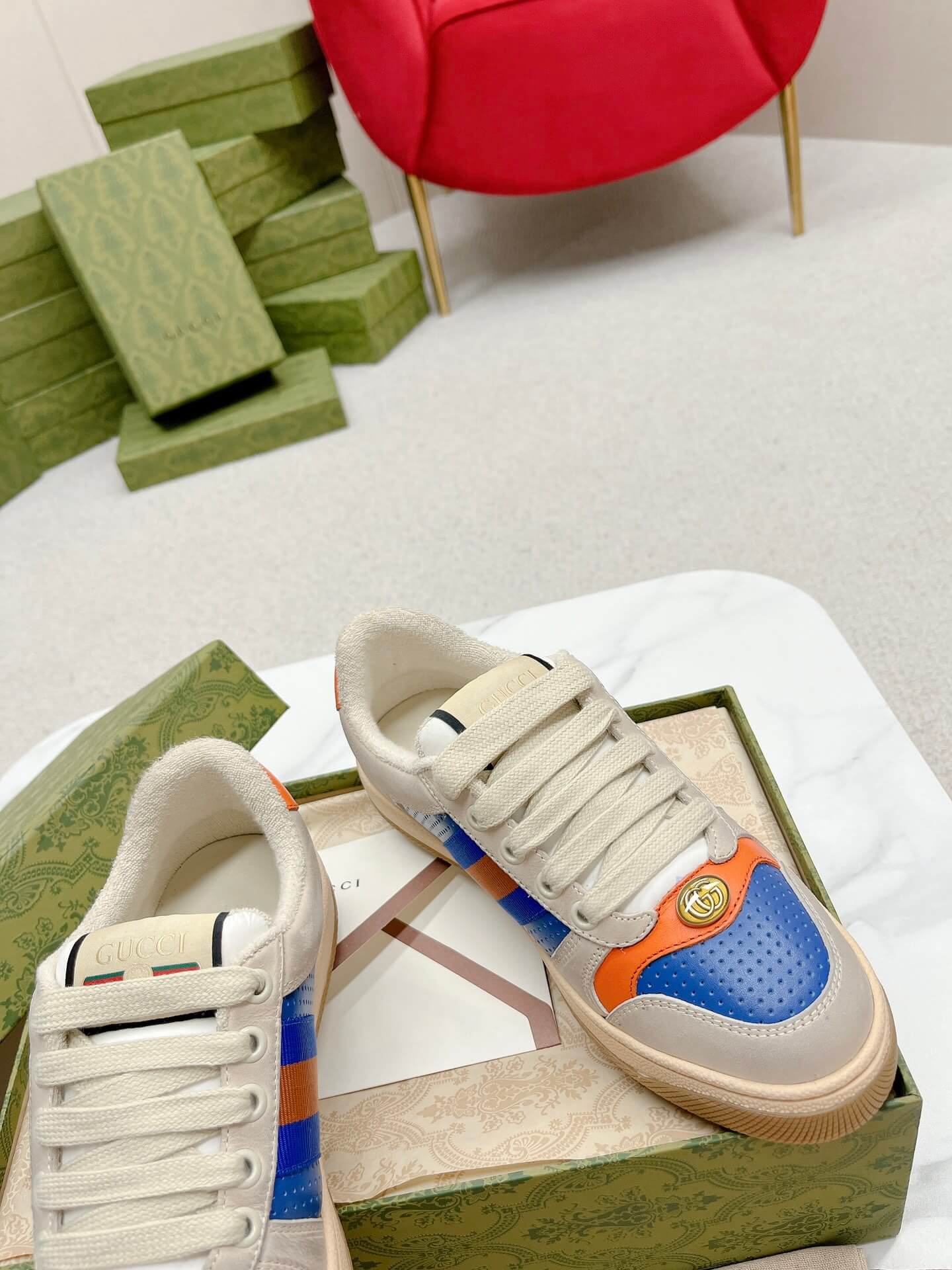 Gucci Screener Beige and Blue Leather Trainer - Image 5