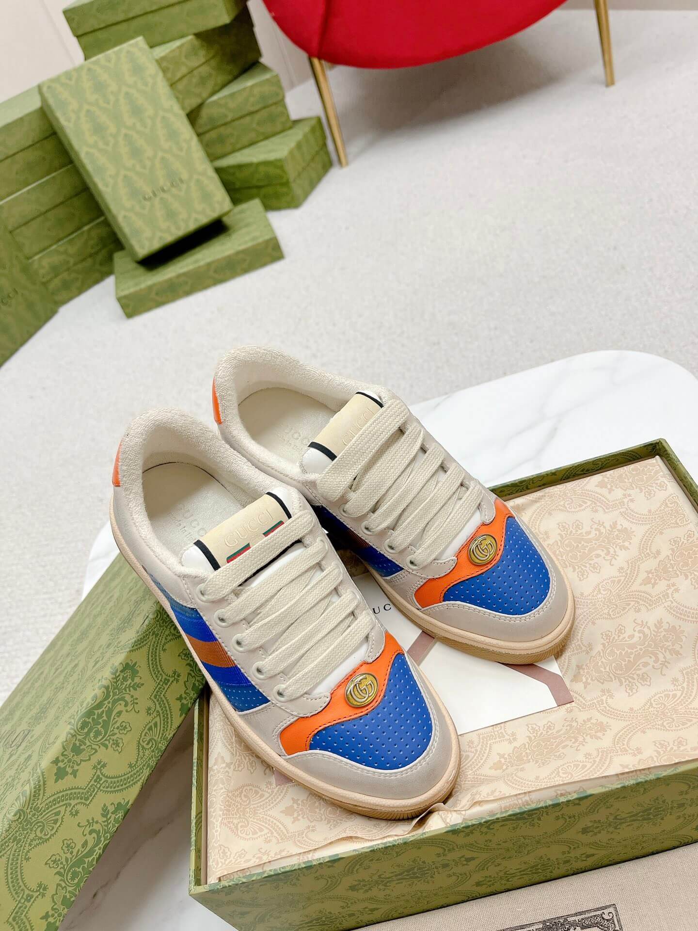 Gucci Screener Beige and Blue Leather Trainer - Image 7