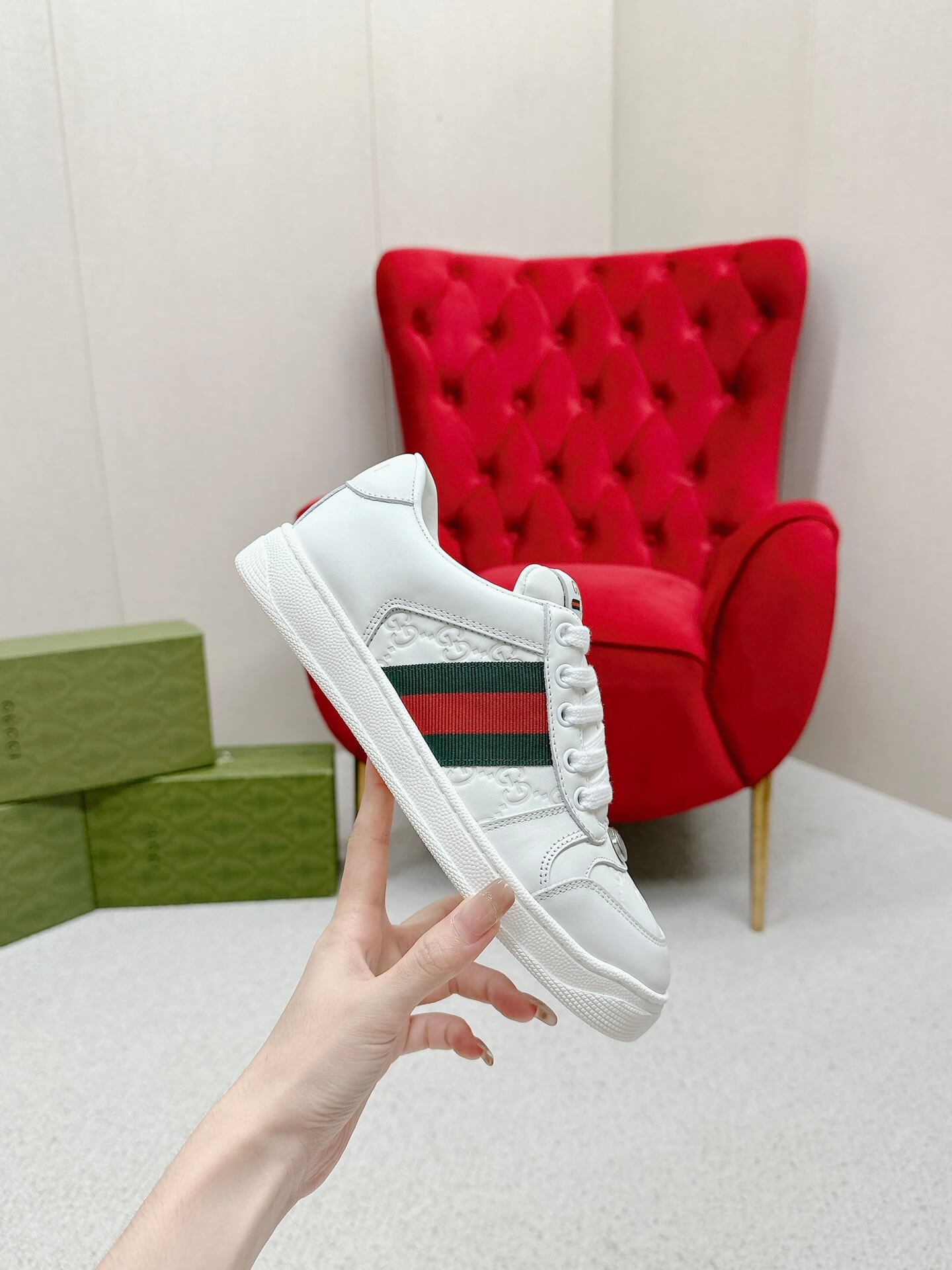 Gucci Screener White GG Leather Trainer - Image 7